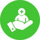 Icono de atención al paciente, ilustración de una mano sosteniendo a una persona