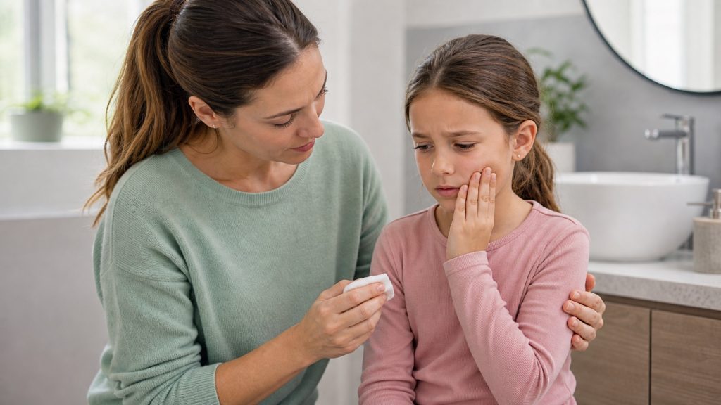 Niña con dolor dental acompañada por su madre