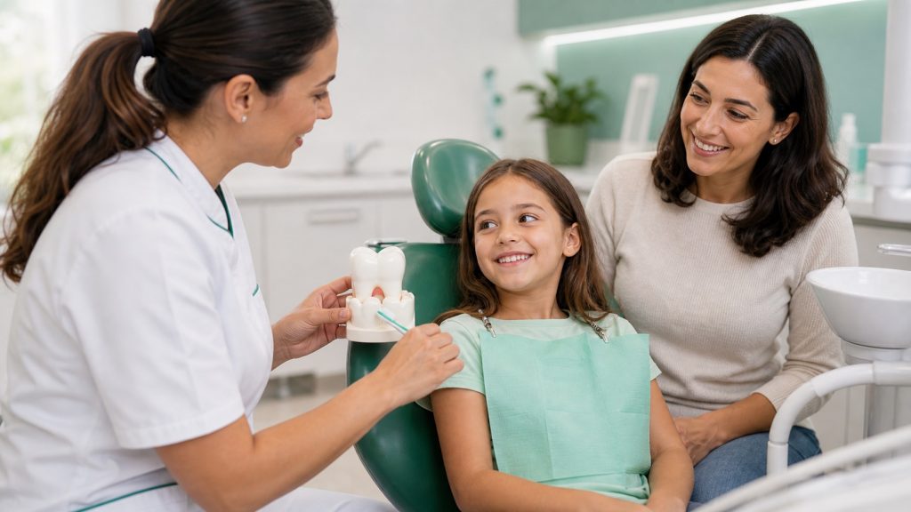 Dentista explicando prevención dental con flúor a una familia