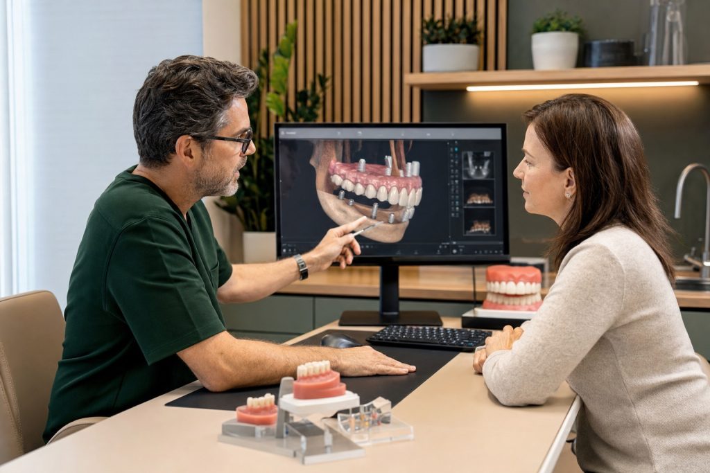 Dentista explicando la planificación digital de una rehabilitación oral completa