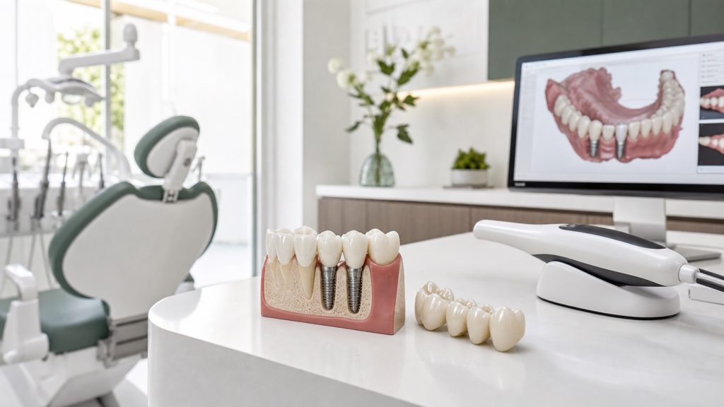 Modelo de implantes y prótesis dentales en clínica para rehabilitación oral completa