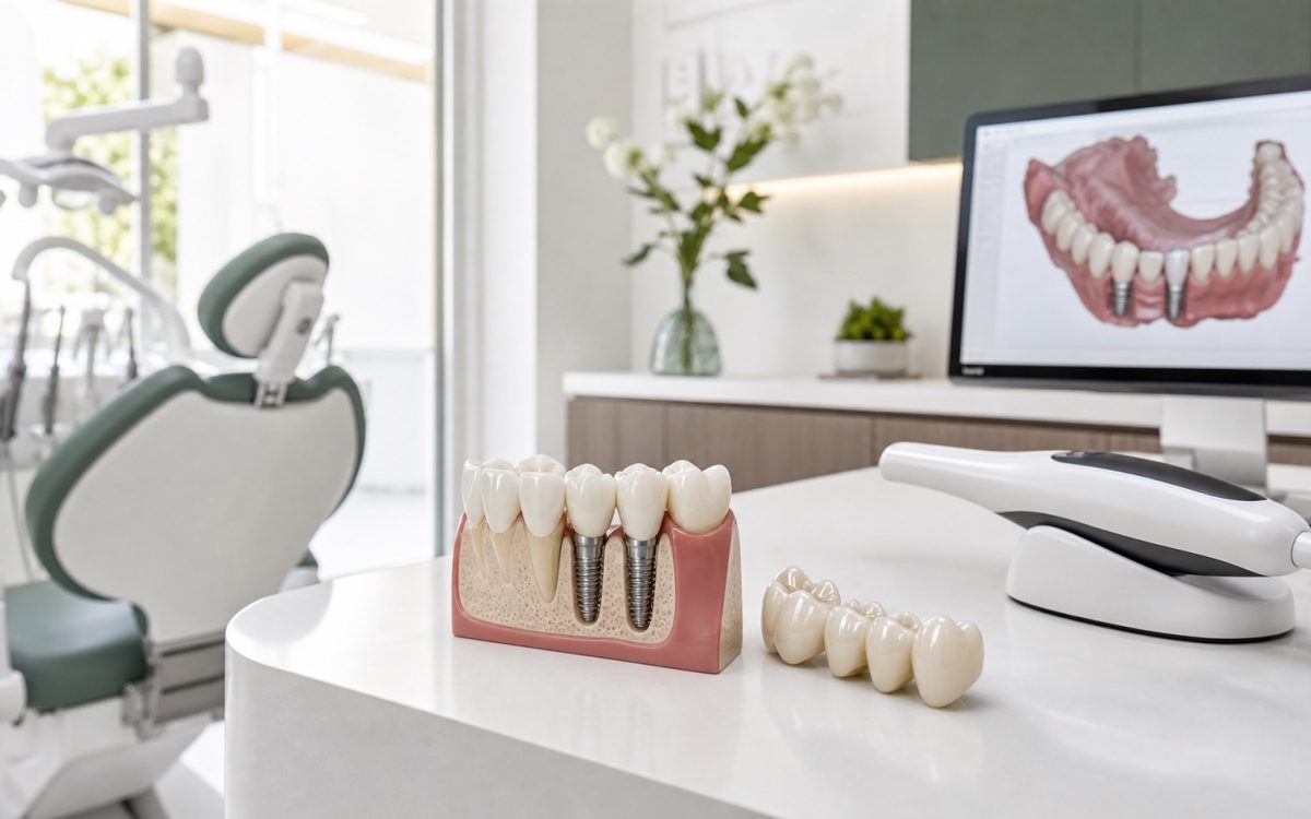 Modelo de implantes y prótesis dentales en clínica para rehabilitación oral completa