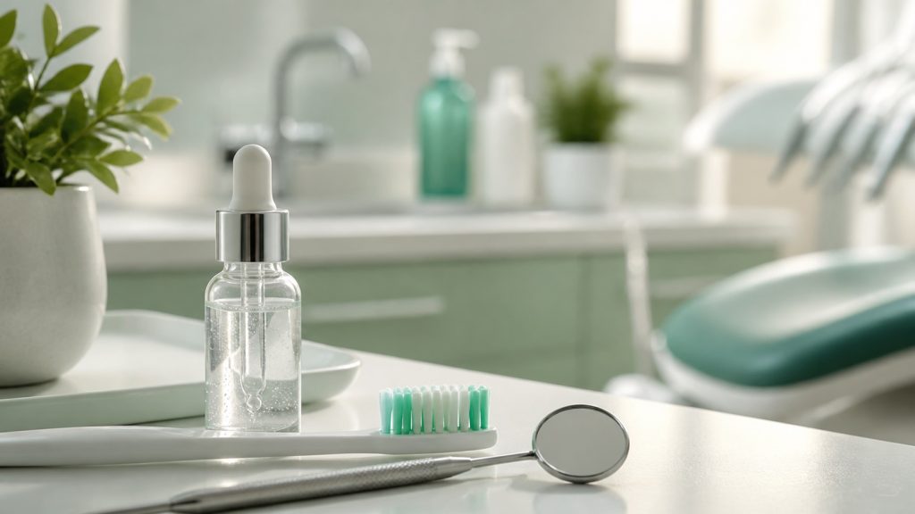 Sérum dental sin marca junto a cepillo y espejo en una clínica dental