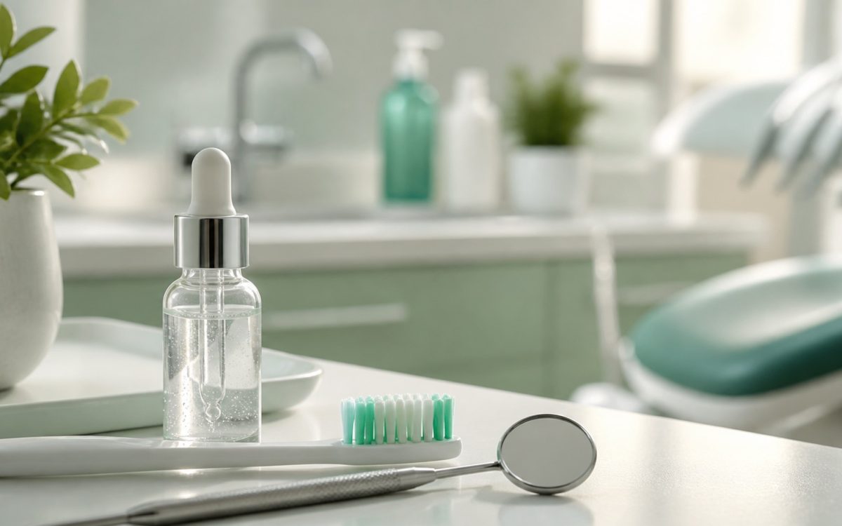 Sérum dental sin marca junto a cepillo y espejo en una clínica dental