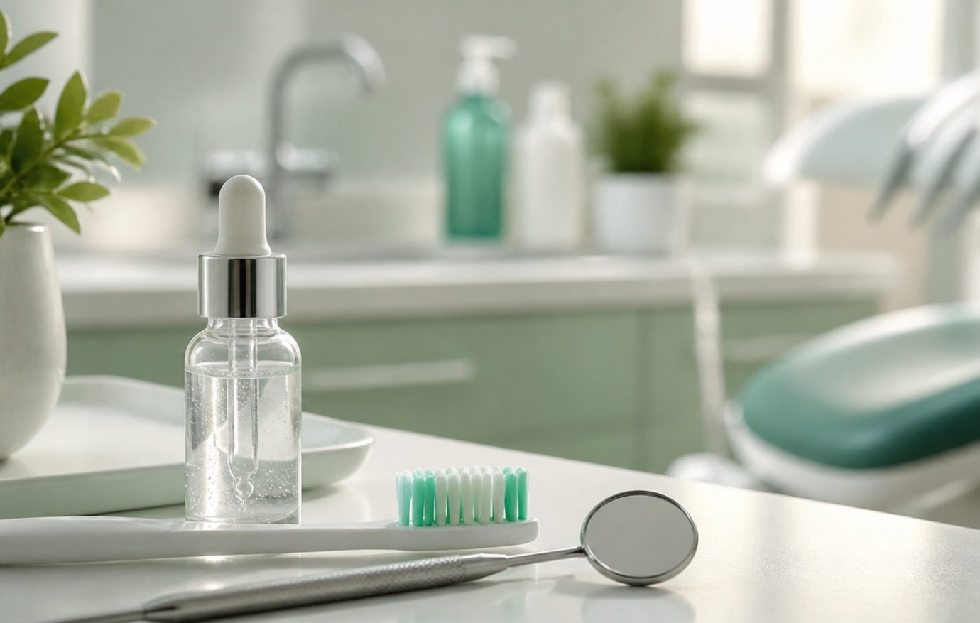 Sérums dentales Sérum dental sin marca junto a cepillo y espejo en una clínica dental