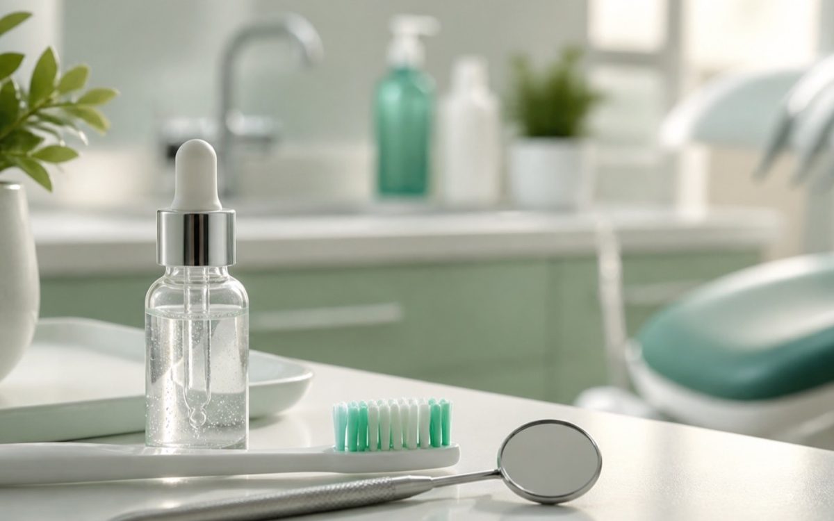 Sérum dental junto a cepillo y espejo en una clínica dental