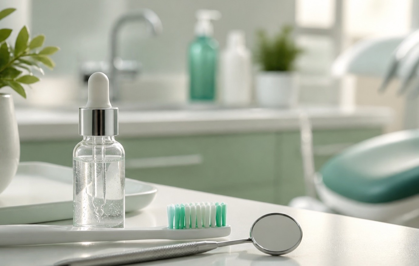 Sérums dentales Sérum dental junto a cepillo y espejo en una clínica dental