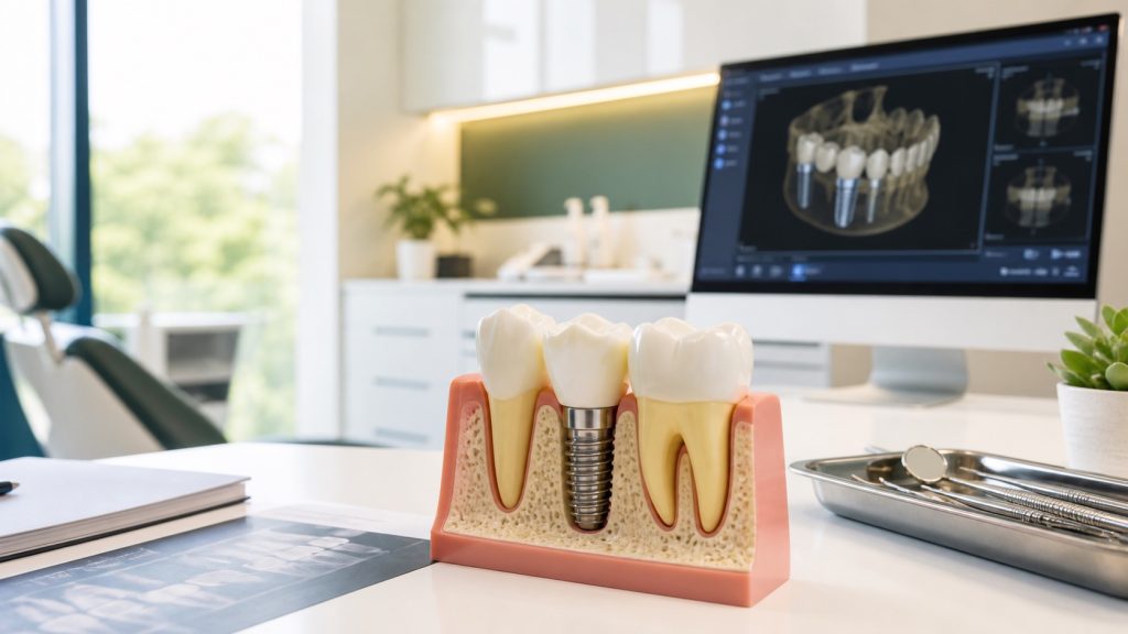 Modelo de implante dental y planificación digital en una clínica dental