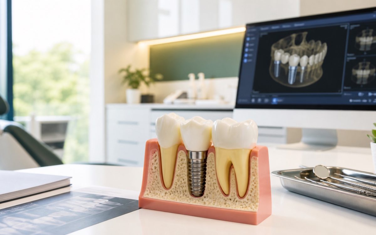 Modelo de implante dental y planificación digital en una clínica dental