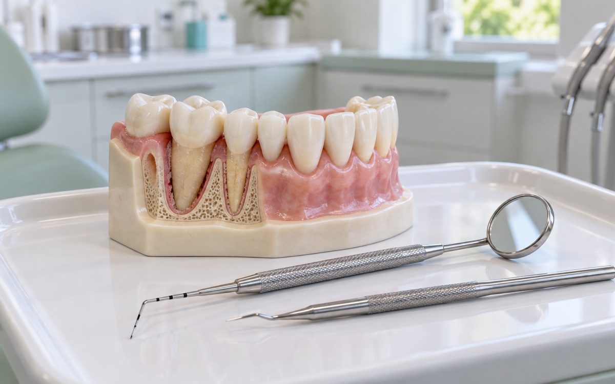 Ilustración de un modelo dental e instrumental para el seguimiento periodontal