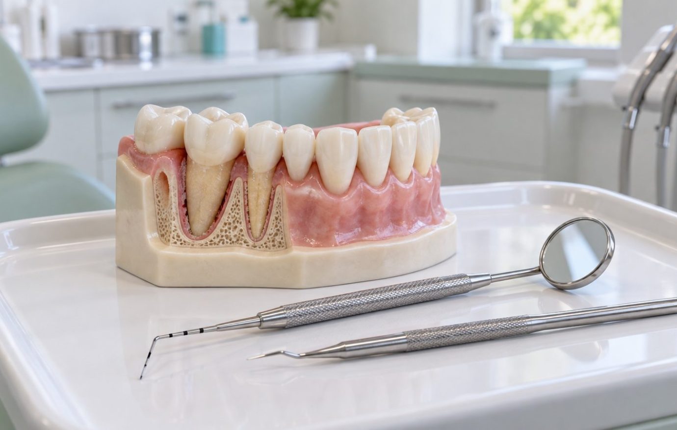 Control y seguimiento de la periodontitis Ilustración de un modelo dental e instrumental para el seguimiento periodontal