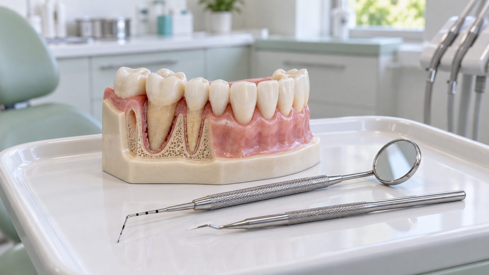 Ilustración de un modelo dental e instrumental para el seguimiento periodontal