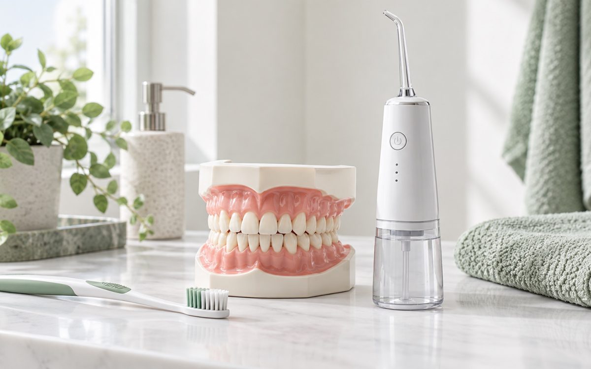 Ilustración de un modelo dental, cepillo suave e irrigador bucal para la higiene diaria