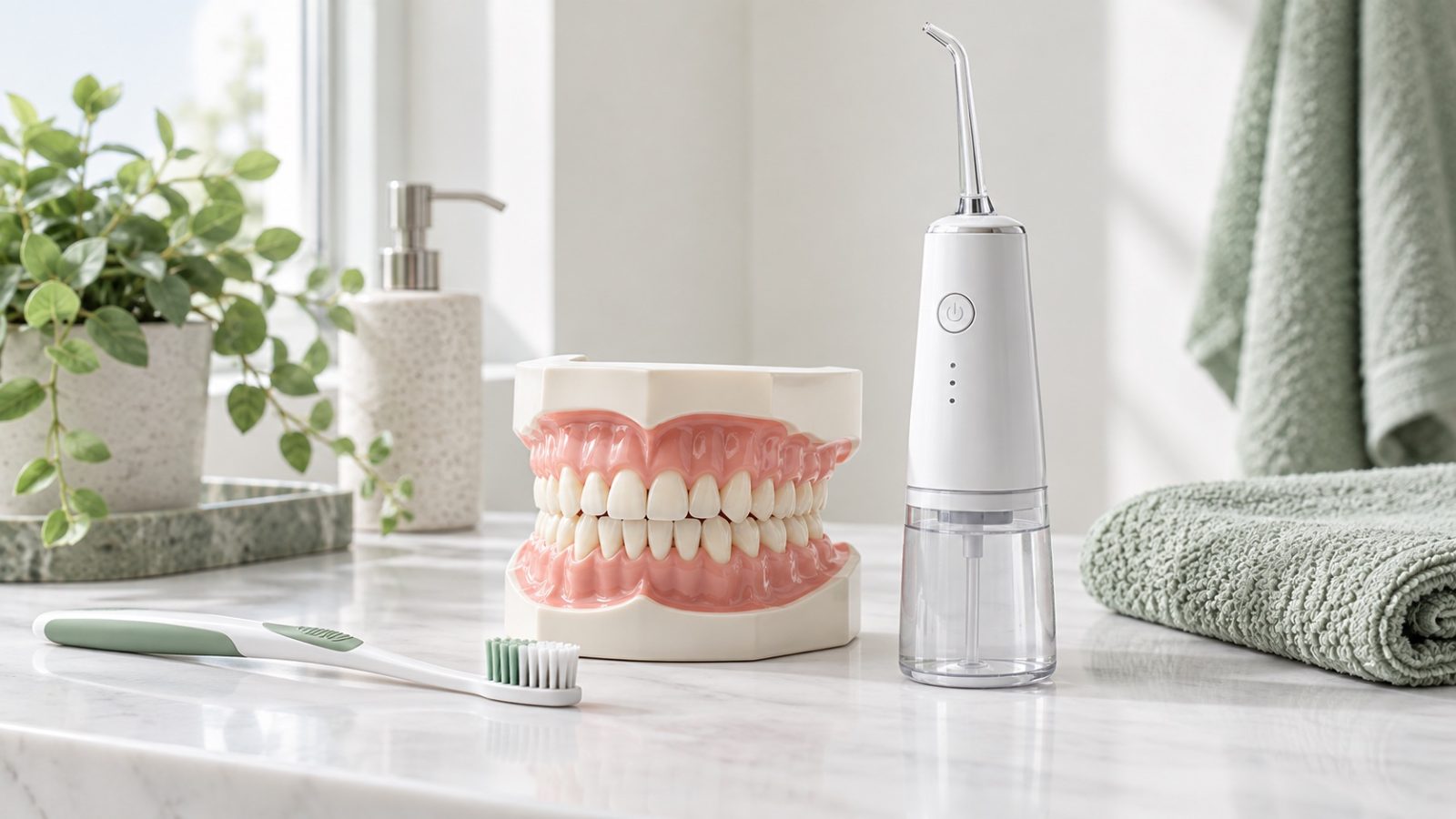 Ilustración de un modelo dental, cepillo suave e irrigador bucal para la higiene diaria