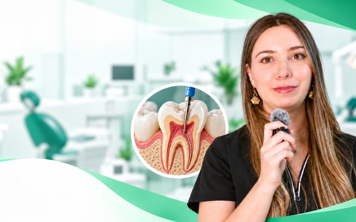 Dra. Stephanie Czechowicz junto a una ilustración de un tratamiento de endodoncia