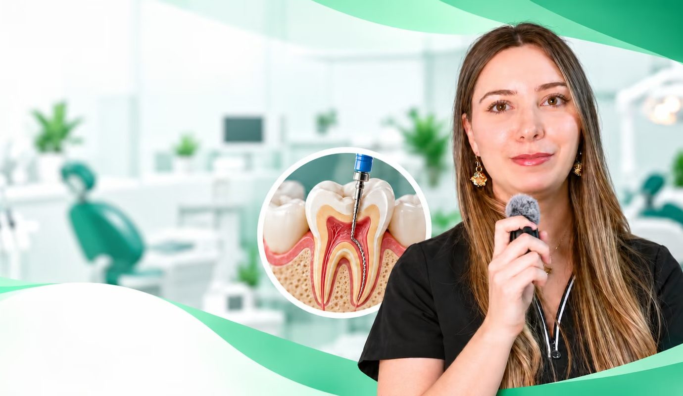 5 mitos sobre la endodoncia Dra. Stephanie Czechowicz junto a una ilustración de un tratamiento de endodoncia