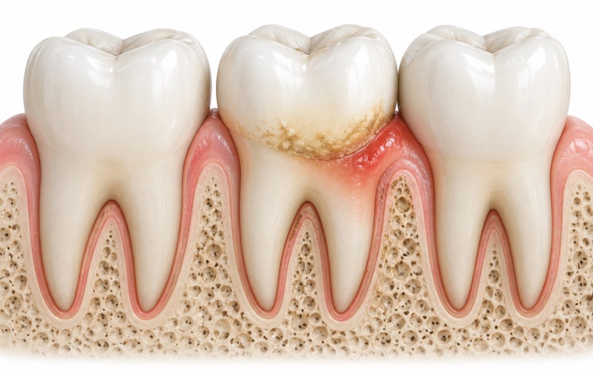 Ilustración de periodontitis con inflamación de las encías y pérdida de soporte dental