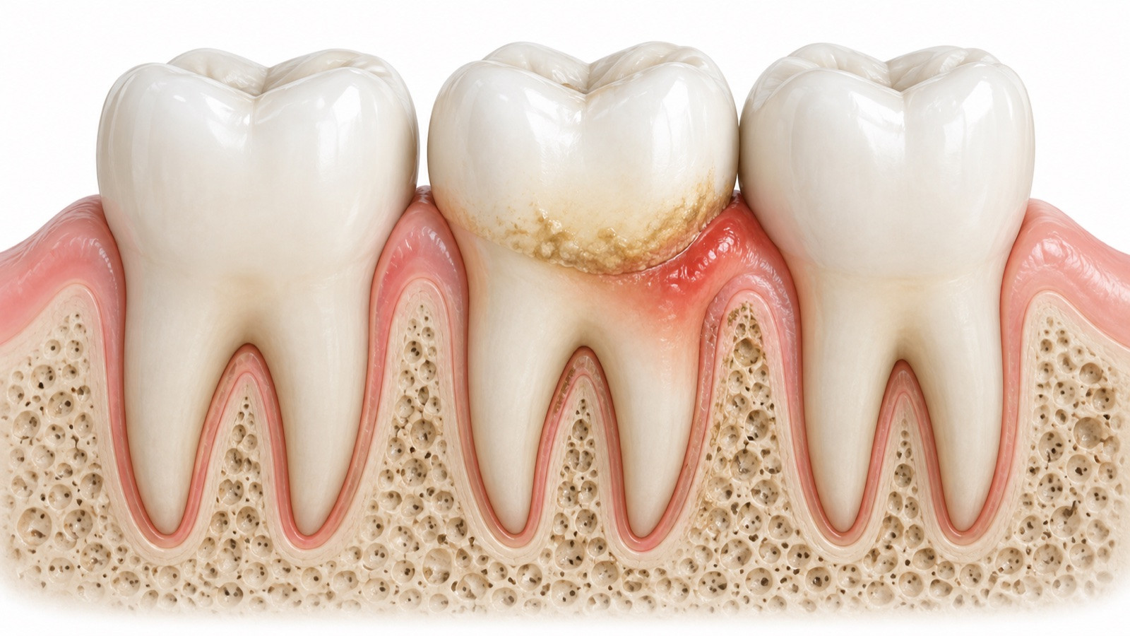 Ilustración de periodontitis con inflamación de las encías y pérdida de soporte dental