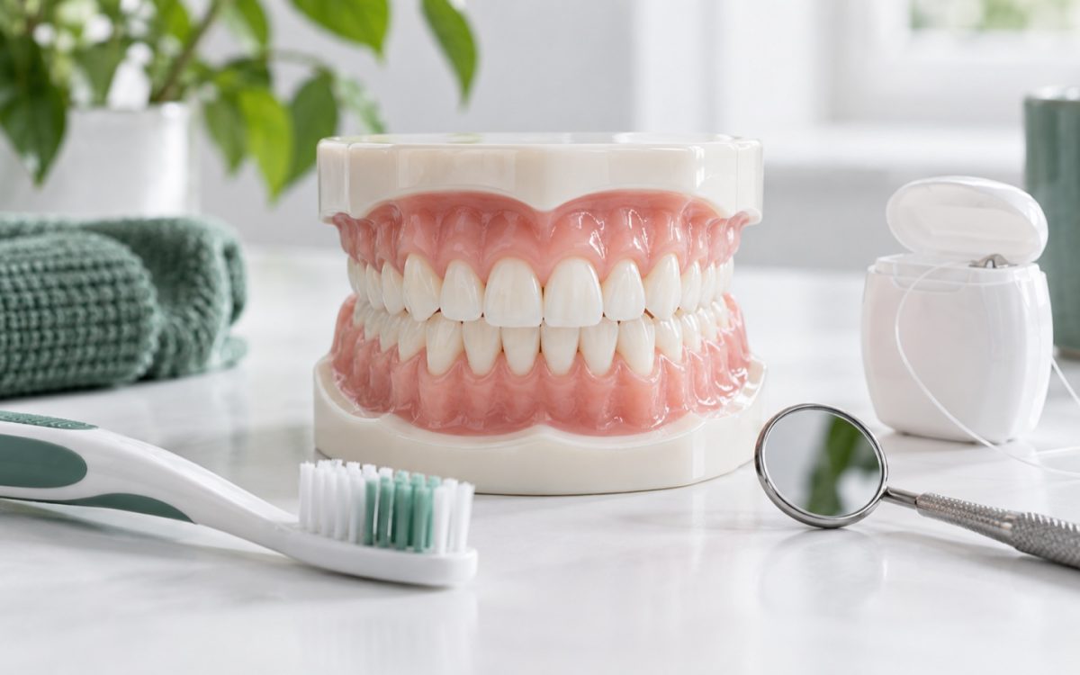 Imagen ilustrativa del cuidado de las encías con un modelo dental, cepillo y seda dental