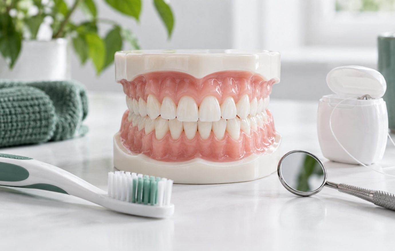 Prevención de la periodontitis Imagen ilustrativa del cuidado de las encías con un modelo dental, cepillo y seda dental