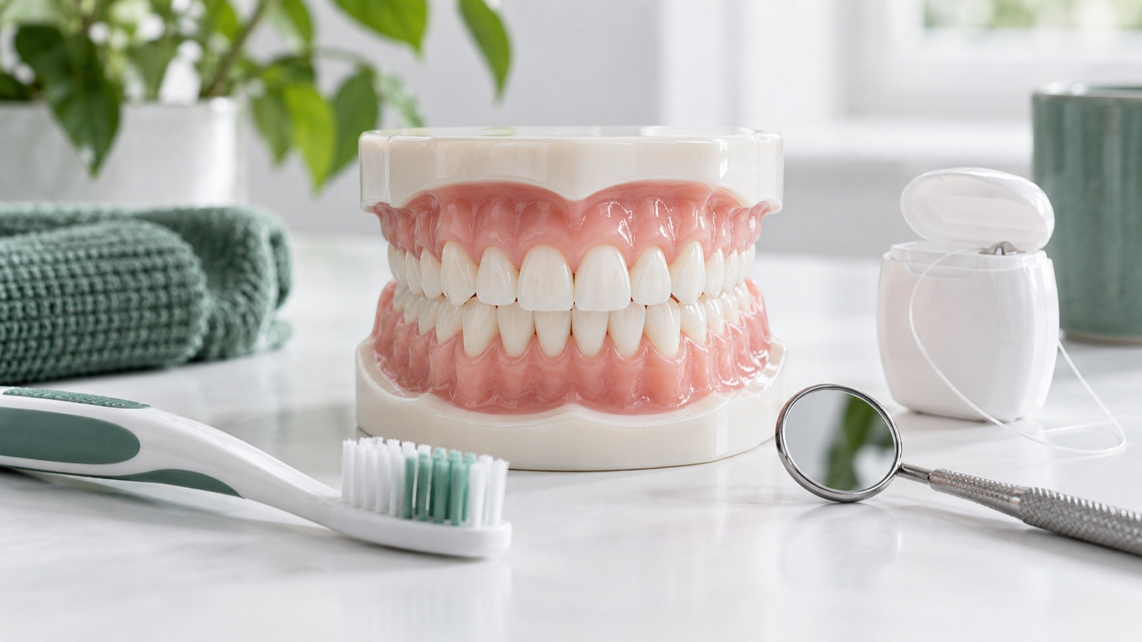 Imagen ilustrativa del cuidado de las encías con un modelo dental, cepillo y seda dental