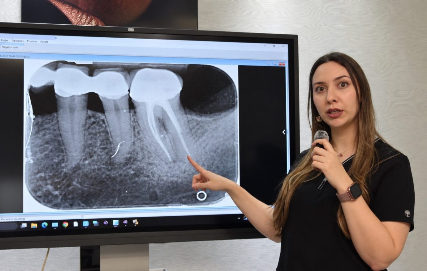 Retratamiento de endodoncia: conservación de una muela Dra. Stephanie Czechowicz explicando una radiografía dental en Silmi Dental